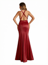 Sexy Spaghetti Straps V-Neck Side Slit Mermaid Ruched Satin Long Formal Dresses