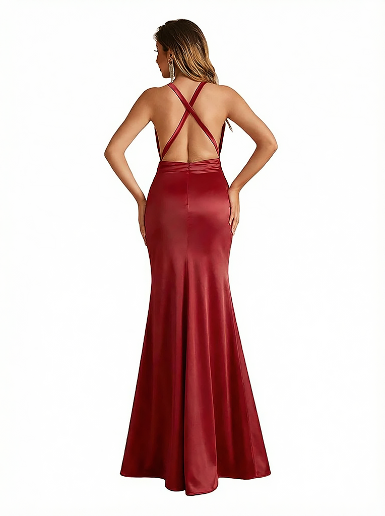 Sexy Spaghetti Straps V-Neck Side Slit Mermaid Ruched Satin Long Formal Dresses