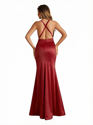 Sexy Spaghetti Straps V-Neck Side Slit Mermaid Ruched Satin Long Formal Dresses