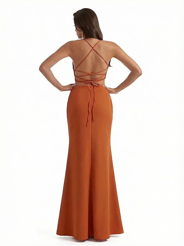 Elegant V-neck Side Slit Stretchy Crepe Mermaid Maxi Evening Gowns For Women