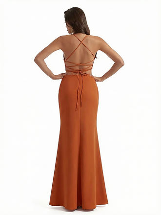 Elegant V-neck Side Slit Stretchy Crepe Mermaid Maxi Evening Gowns For Women