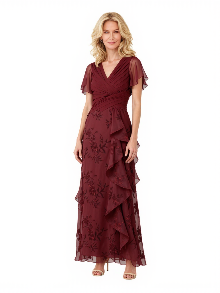 Elegant A-Line Lace Applique V-Neck Ruffle Chiffon Long Mother Of The Bride Dresses