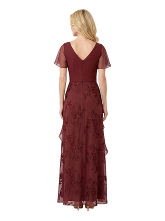 Elegant A-Line Lace Applique V-Neck Ruffle Chiffon Long Mother Of The Bride Dresses