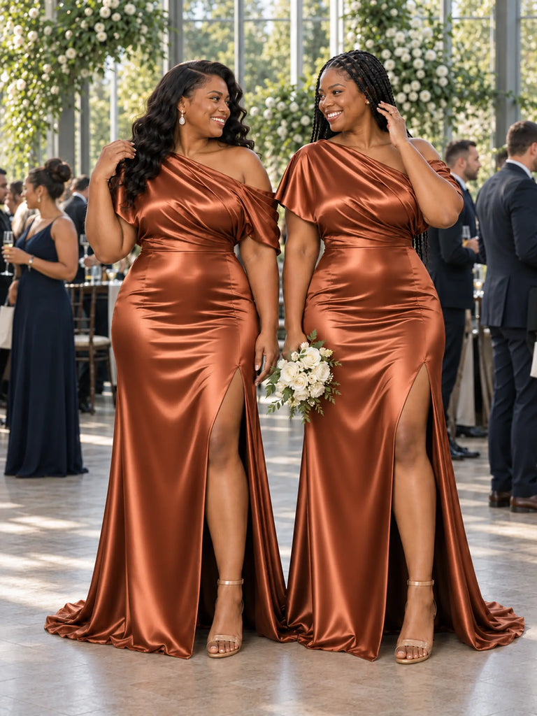 ChicSew Asymmetrical Neckline Mermaid Side Slit Satin Long Bridesmaid Dresses