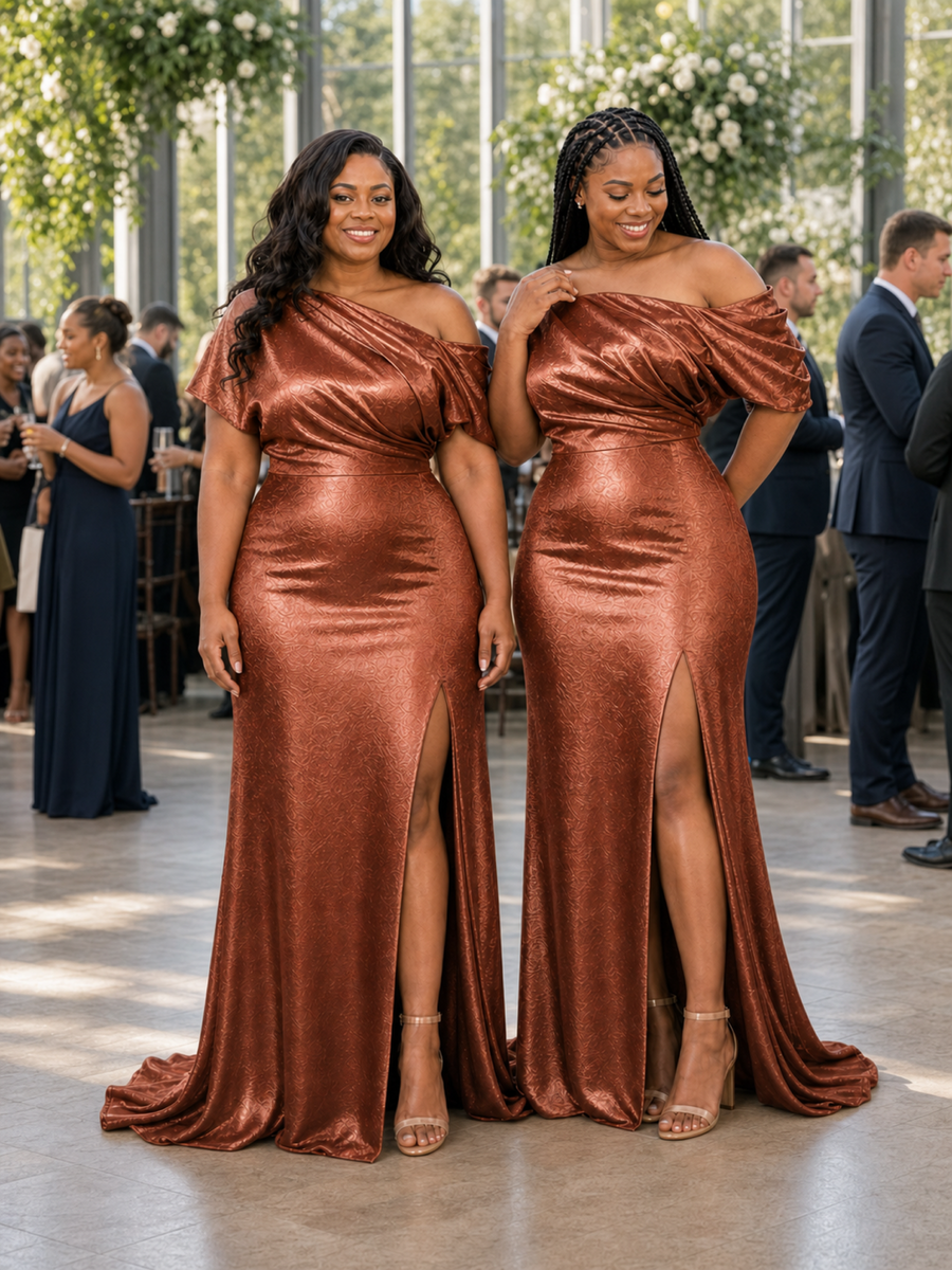 ChicSew Asymmetrical Neckline Mermaid Side Slit Satin Long Bridesmaid Dresses