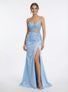 Fancy Sheer Corset Prom Gown Strapless Ruched Satin Mermaid Dress with High Leg Slit