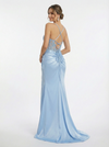 Fancy Sheer Corset Prom Gown Strapless Ruched Satin Mermaid Dress with High Leg Slit