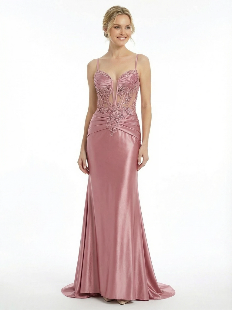 Modern Illusion Bodice Prom Gown Spaghetti Strap Satin Mermaid Formal Dress with Beads