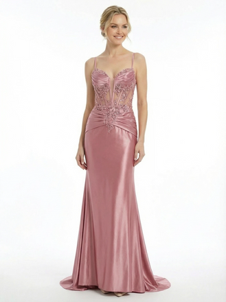 Modern Illusion Bodice Prom Gown Spaghetti Strap Satin Mermaid Formal Dress with Beads