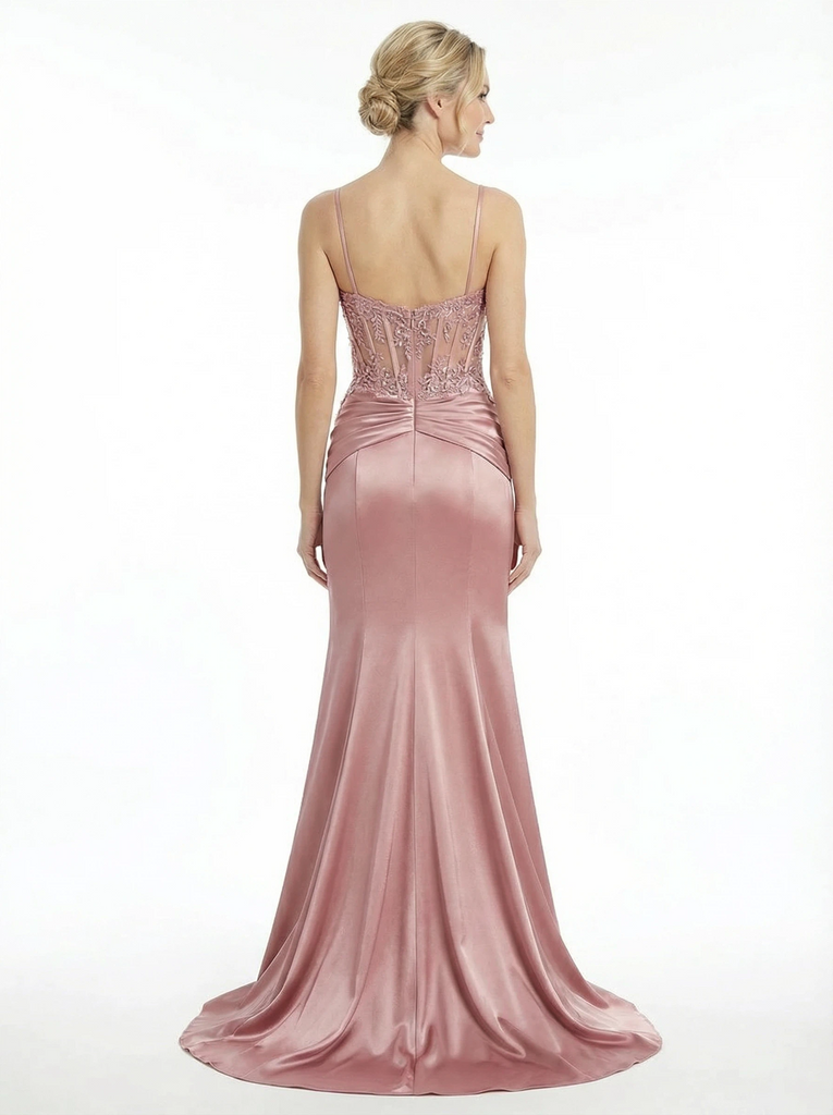 Modern Illusion Bodice Prom Gown Spaghetti Strap Satin Mermaid Formal Dress with Beads