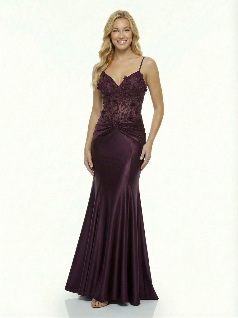 Sexy V-Neck Lace Bodice Prom Gown Sleek Mermaid Satin Formal Dress with Spaghetti Straps