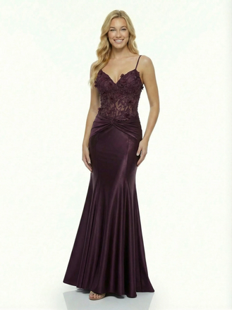Sexy V-Neck Lace Bodice Prom Gown Sleek Mermaid Satin Formal Dress with Spaghetti Straps