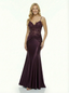 Sexy V-Neck Lace Bodice Prom Gown Sleek Mermaid Satin Formal Dress with Spaghetti Straps