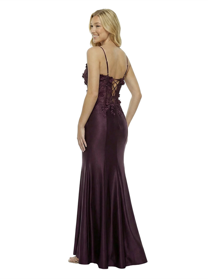 ChicSew Sexy V-Neck Lace Appliques Prom Gown Mermaid Satin Formal Dress Spaghetti Straps