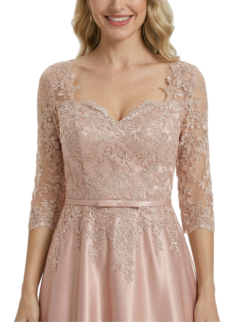 Beautiful Lace 3/4 Sleeve Mother of The Bride Dress Fancy A-Line Satin Maxi Gown with Belted Waist Design