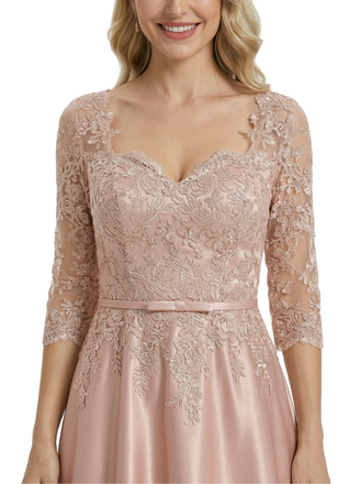 Beautiful Lace 3/4 Sleeve Mother of The Bride Dress Fancy A-Line Satin Maxi Gown with Belted Waist Design
