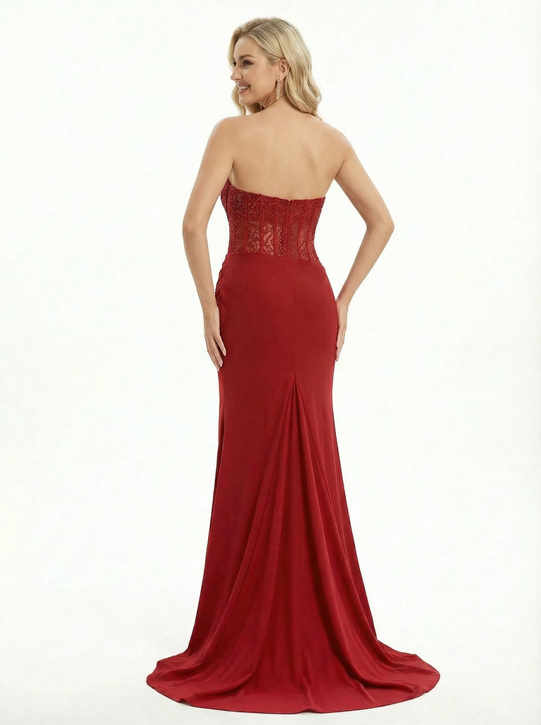 Sexy Strapless Beaded Corset Prom Gown Ruched Jersey Mermaid Dress with Bold Side Slit