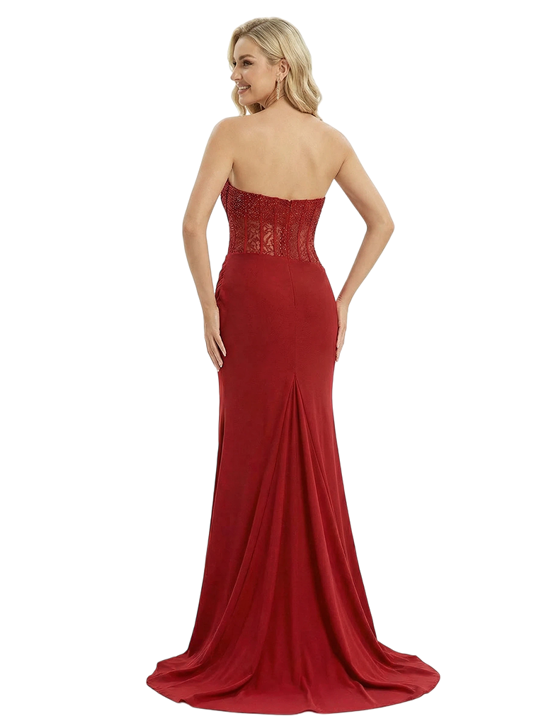 ChicSew Sexy Strapless Side Slit Corset Prom Gown Ruched Jersey Mermaid Dress