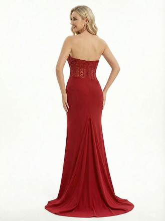 Sexy Strapless Beaded Corset Prom Gown Ruched Jersey Mermaid Dress with Bold Side Slit