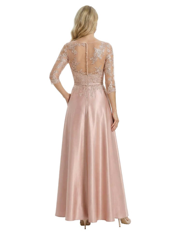 Beautiful Lace 3/4 Sleeve Mother of The Bride Dress Fancy A-Line Satin Maxi Gown with Belted Waist Design