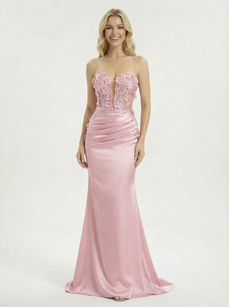 Fancy 3D Floral Applique Prom Gown Sweetheart Illusion Bodice Satin Mermaid Party Dress