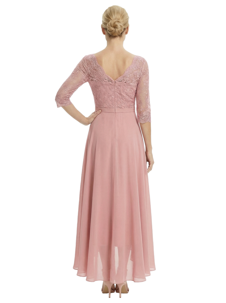 Elegant Lace 3/4 Sleeve Mother of The Groom Dress Pretty High-Low Chiffon Gown with Flowy Silhouette