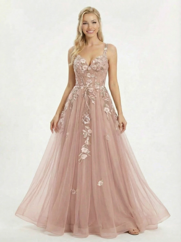 Unique V Neck Floral Lace Prom Gown Sleeveless A-Line Fairy Evening Dress