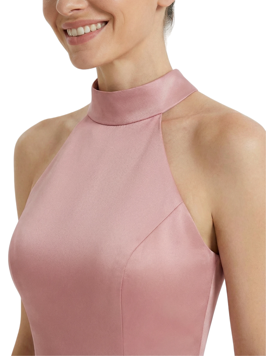 Sleek Halter Neck Sleeveless Mother of The Bride Dress Modern Satin Maxi Gown with Timeless Fitted-to-Flared Shape