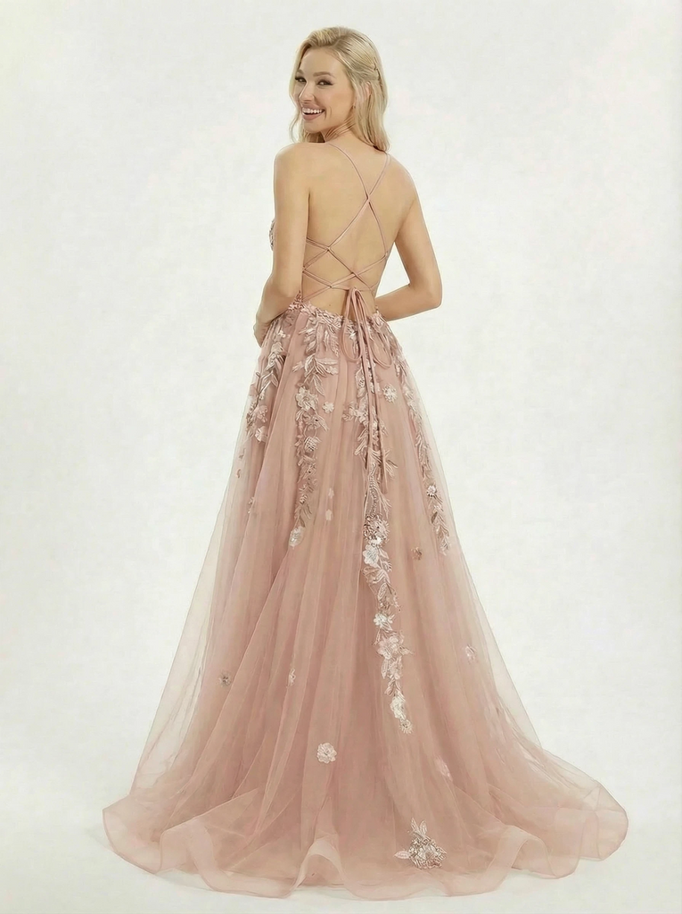 Unique Floral Applique Tulle Prom Gown Sleeveless A-Line Fairy Evening Dress with Train