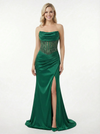 Pretty Strapless Cowl Neck Prom Gown Embroidered Corset Satin Mermaid Dress with Slit