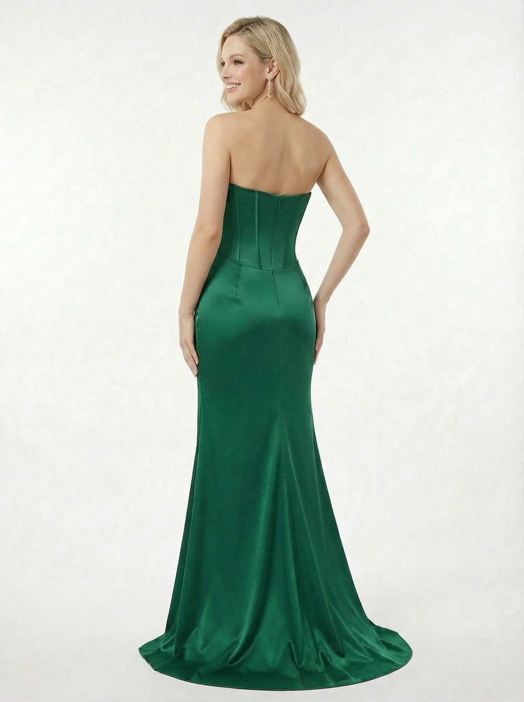 Pretty Strapless Cowl Neck Prom Gown Embroidered Corset Satin Mermaid Dress with Slit