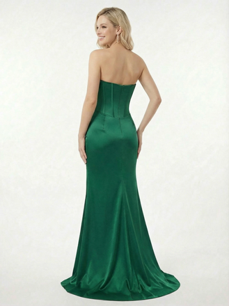 Pretty Strapless Cowl Neck Prom Gown Embroidered Corset Satin Mermaid Dress with Slit