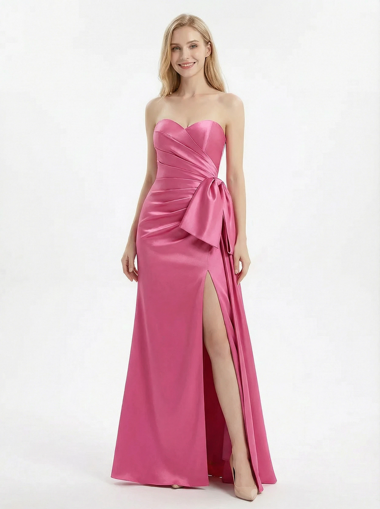 Classy Strapless Sweetheart Prom Gown Ruched Satin Mermaid Dress with Bow and High Slit