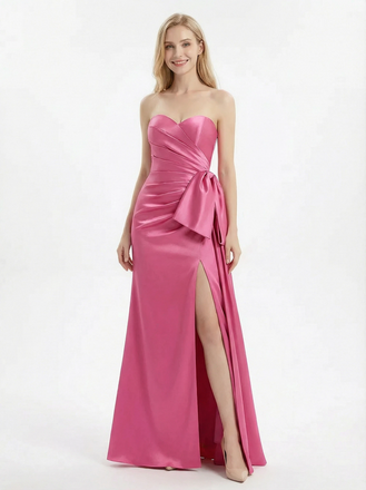 Classy Strapless Sweetheart Prom Gown Ruched Satin Mermaid Dress with Bow and High Slit