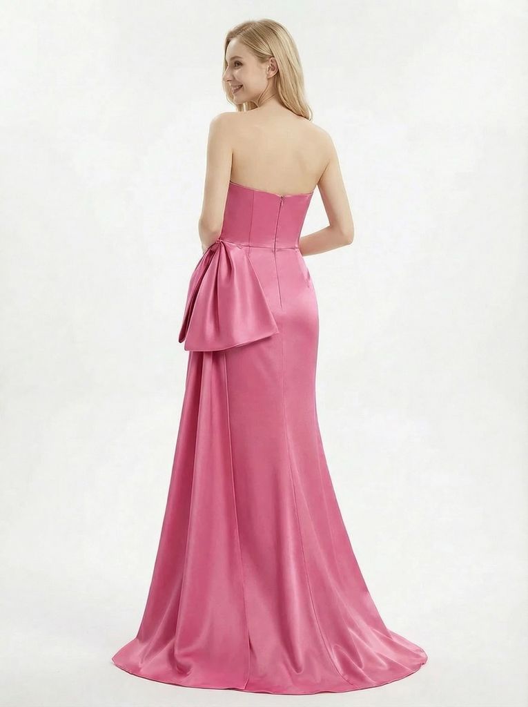 Classy Strapless Sweetheart Prom Gown Ruched Satin Mermaid Dress with Bow and High Slit