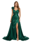 ChicSew Classy One Shoulder Prom Dress Ruched Satin Slit Mermaid Formal Evening Dresses With Overlay