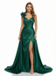 Modern One Shoulder Rose Detail Prom Gown Pleated Satin A-Line Formal Gown for Women