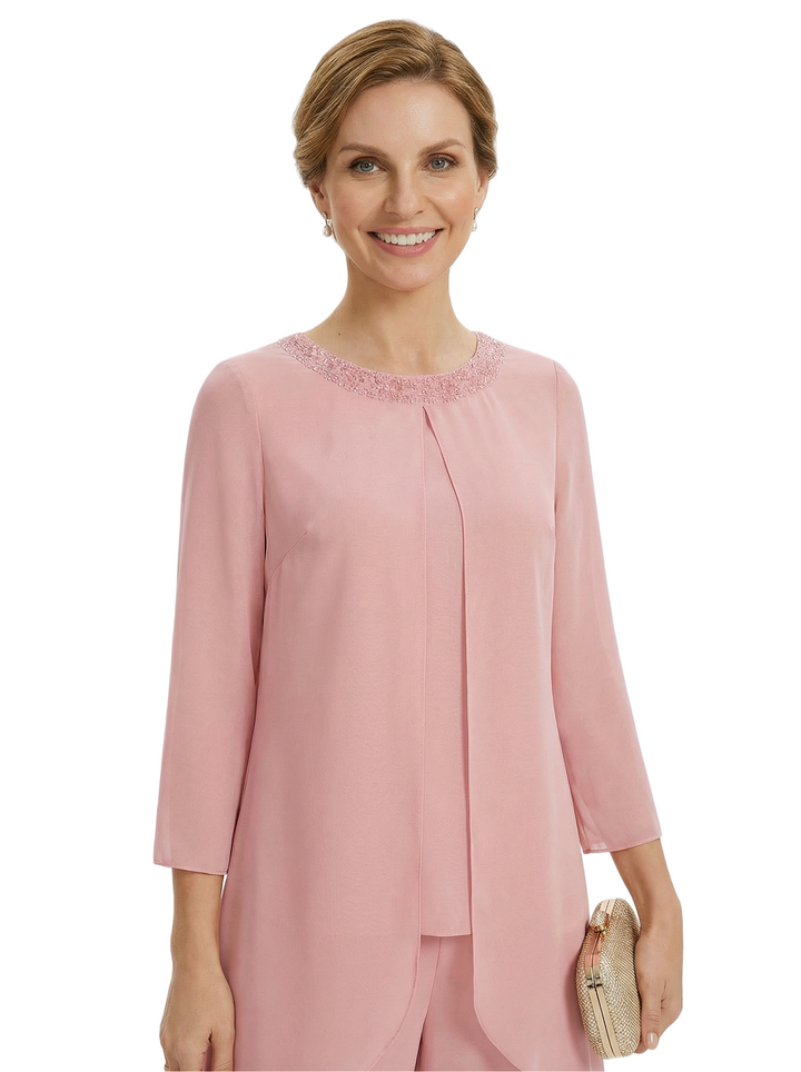 Stylish 3/4 Sleeve Mother of The Bride Two-Piece Set Fancy Chiffon Pantsuit with Beaded Neckline Detail