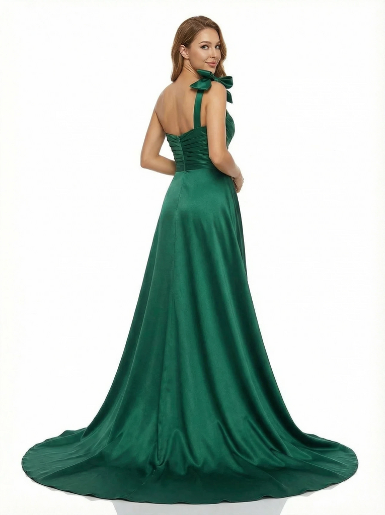 Modern One Shoulder Rose Detail Prom Gown Pleated Satin A-Line Formal Gown for Women