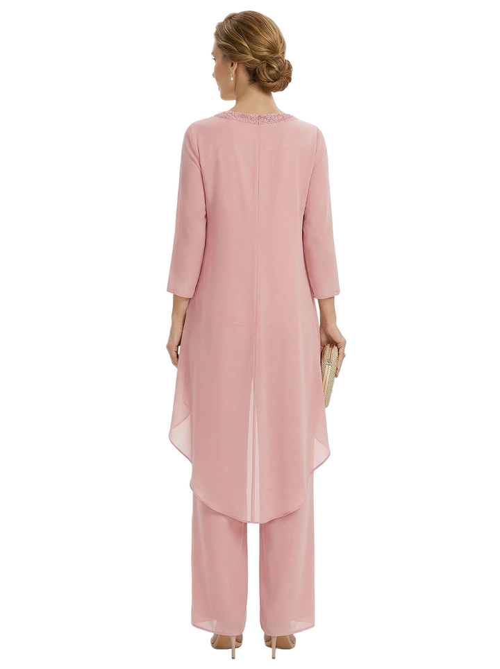Stylish 3/4 Sleeve Mother of The Bride Two-Piece Set Fancy Chiffon Pantsuit with Beaded Neckline Detail