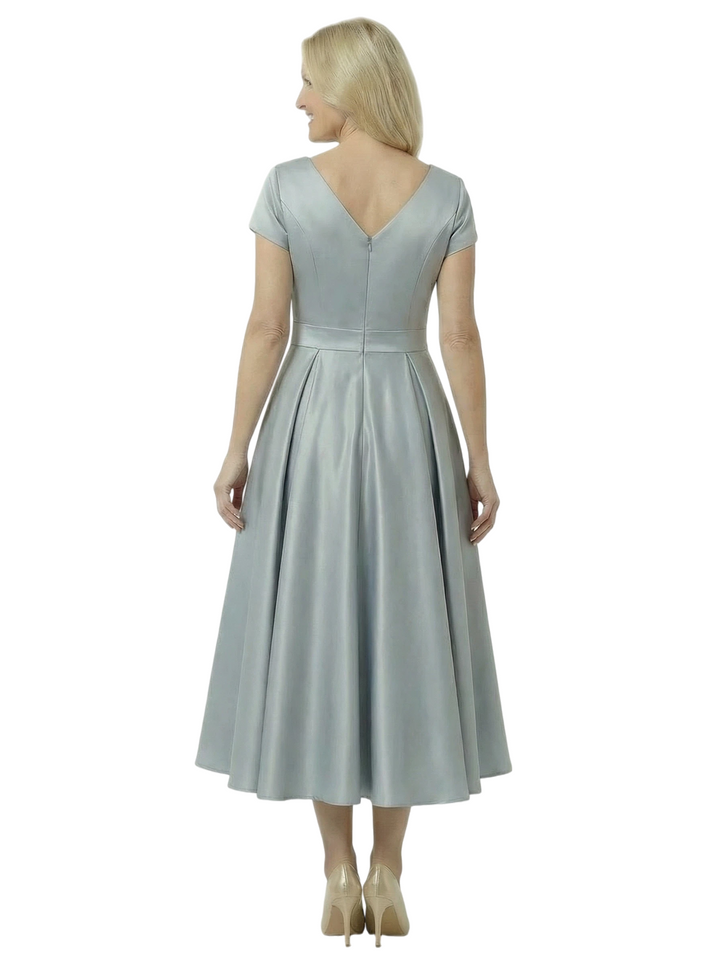 Lovely V-Neck Short Sleeve Mother of The Groom Dress Pretty Tea-Length Satin Gown with Statement Flower Accent