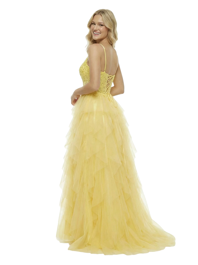 ChicSew Pretty Spaghetti Strap V-Neck Prom Dress Lace Applique Tiered Tulle Ball Gown Silhouette Floor Length Formal Evening Gown
