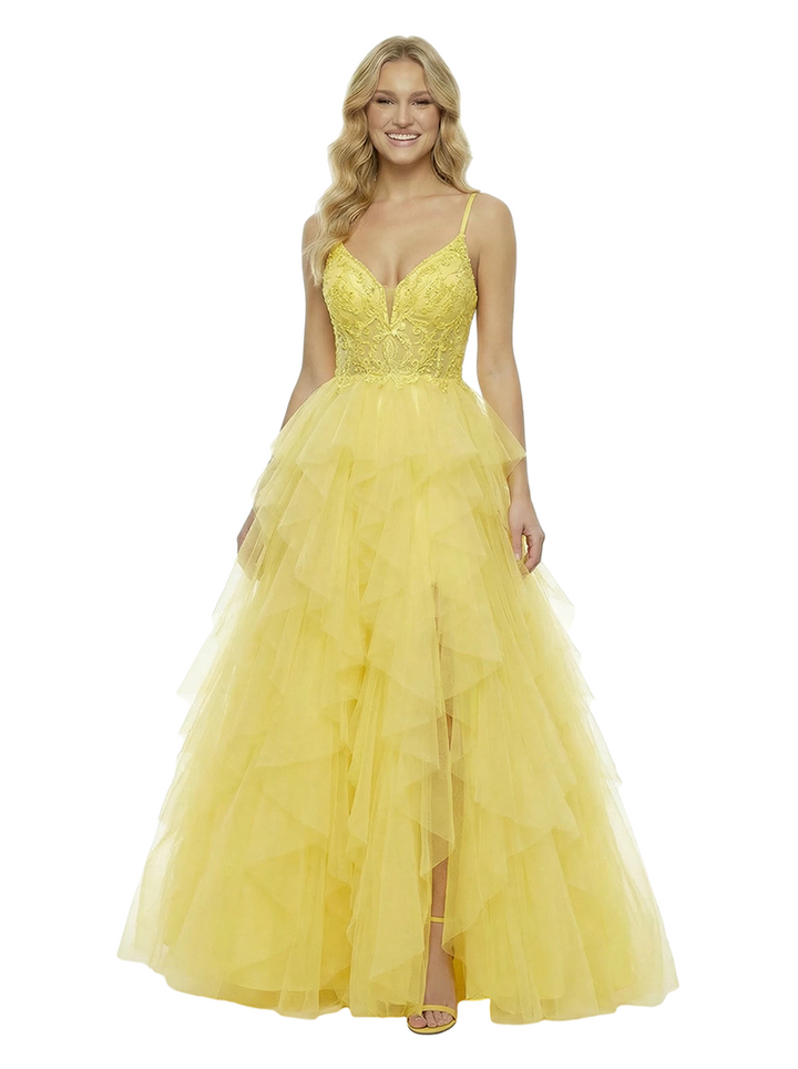ChicSew Pretty Spaghetti Strap V-Neck Prom Dress Lace Applique Tiered Tulle Ball Gown Silhouette Floor Length Formal Evening Gown
