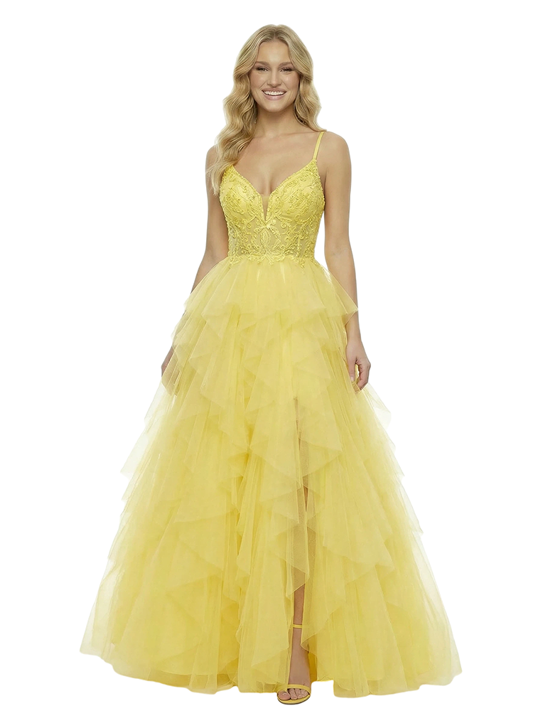 ChicSew Pretty Spaghetti Strap V-Neck Prom Dress Lace Applique Tiered Tulle Ball Gown Silhouette Floor Length Formal Evening Gown