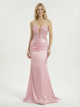 Unique 3D Floral Applique Strapless Prom Dress Illusion Bodice Satin Mermaid Gown