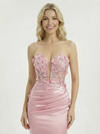 Unique 3D Floral Applique Strapless Prom Dress Illusion Bodice Satin Mermaid Gown