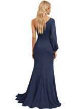 Elegant Satin One Shoulder Side Slit Mermaid Long Mother Of The Bride Dresses