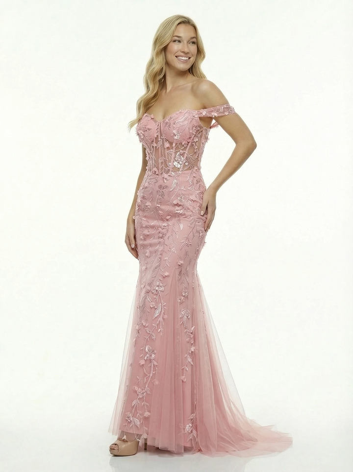 Romantic Off Shoulder Lace Prom Dress Corset Cut Out  Mermaid Gown Lace Evening Wear