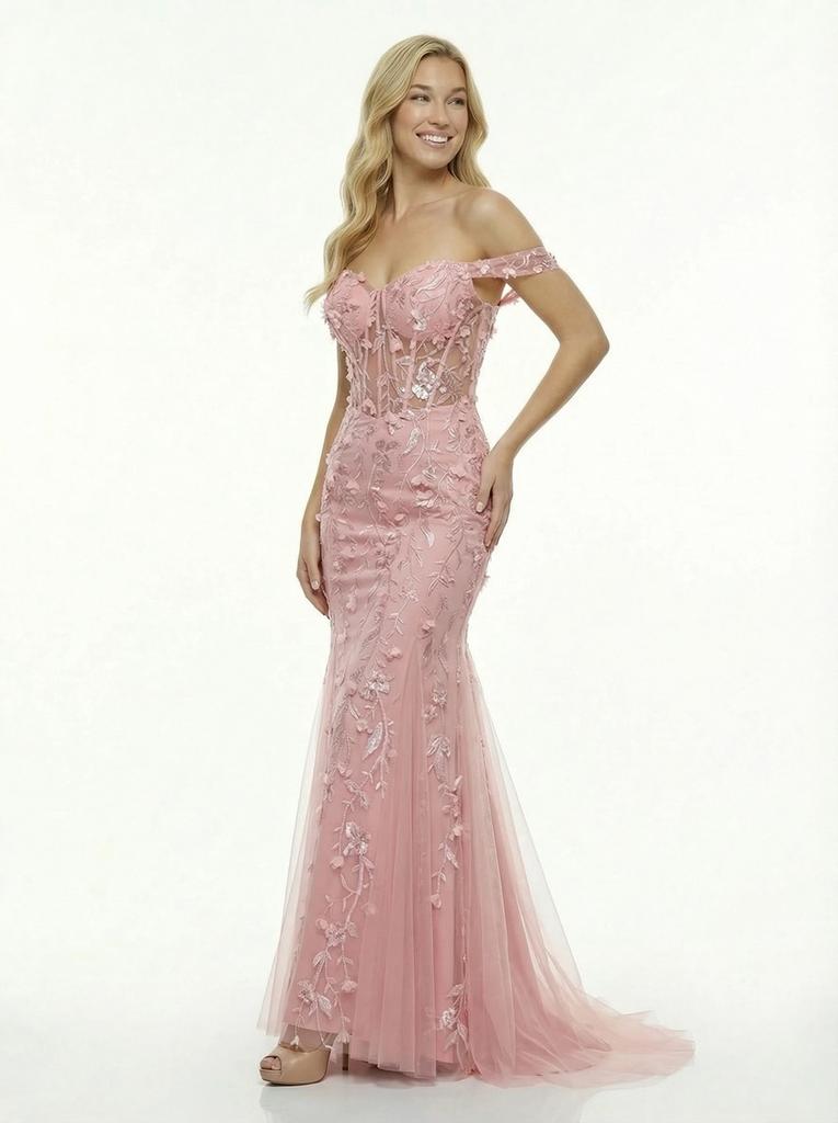 Romantic Off-Shoulder Floral Prom Dress Illusion Lace Mermaid Gown Tulle Evening Wear