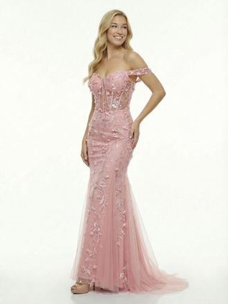 Romantic Off-Shoulder Floral Prom Dress Illusion Lace Mermaid Gown Tulle Evening Wear